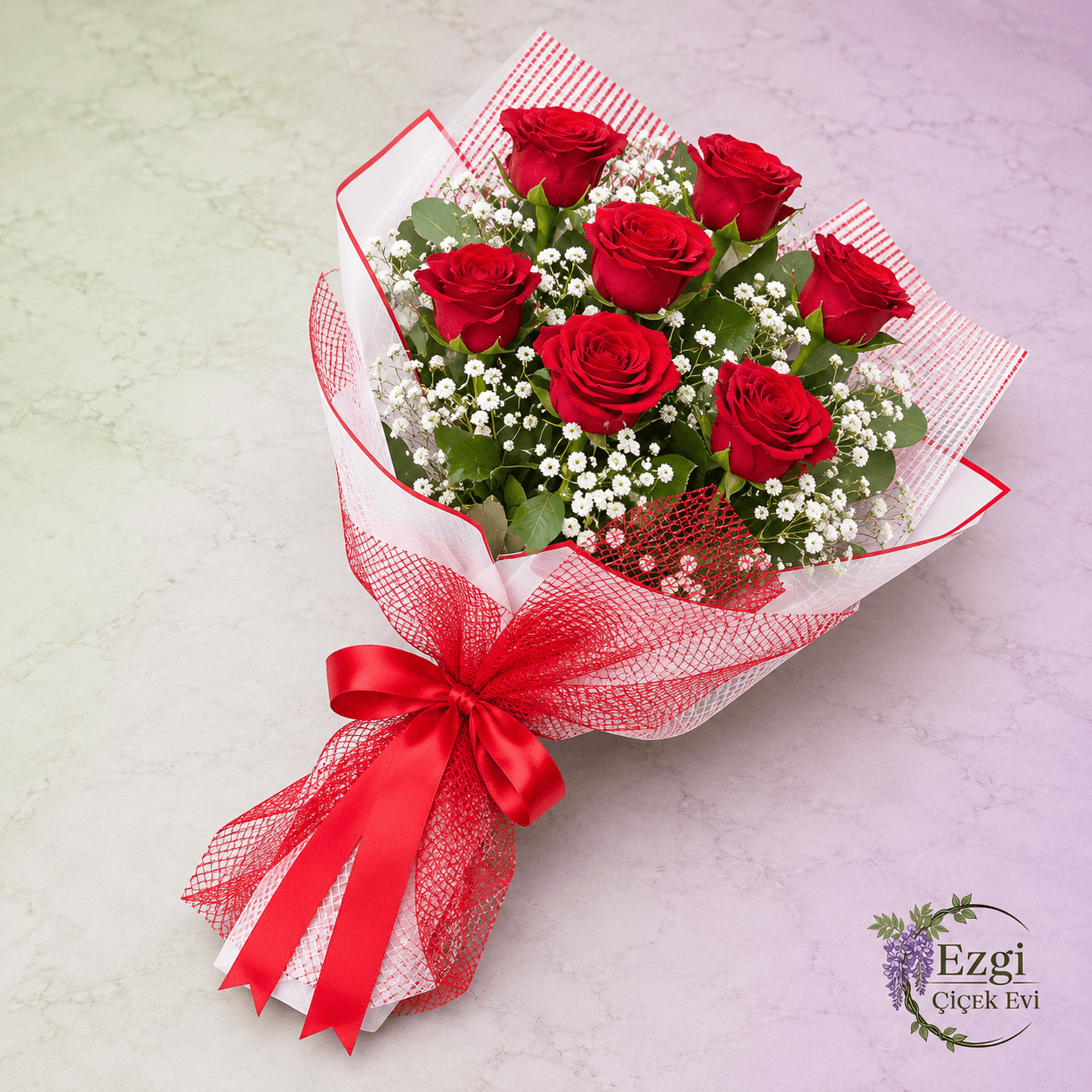 Kırmızı Gül Buketi - 7 Adet Gül & Yaprak Süslemeli